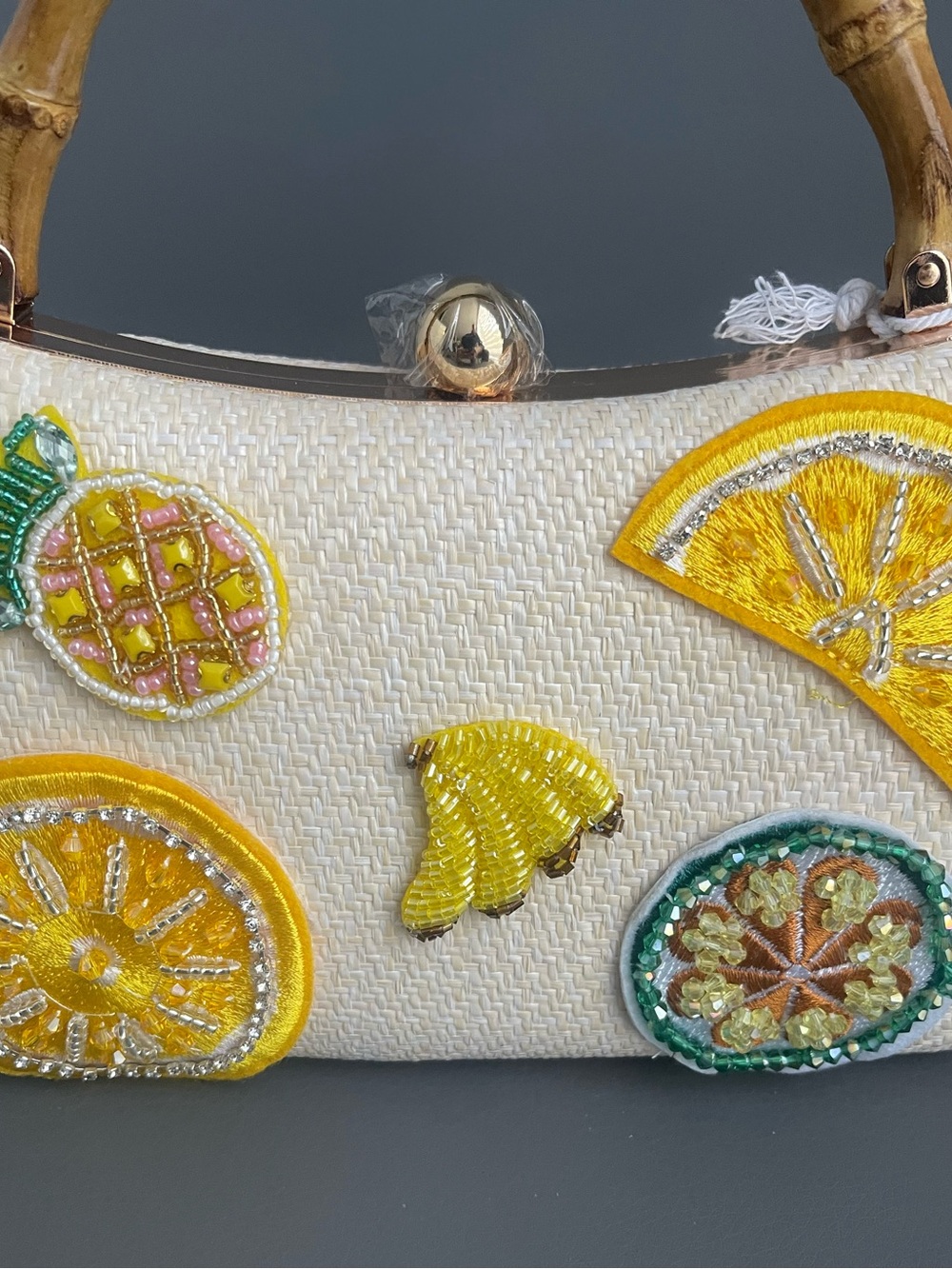 Haute Hippie Beaded Viral Fruit Clutch With Bamboo Handle Purse - Picture 2 of 8